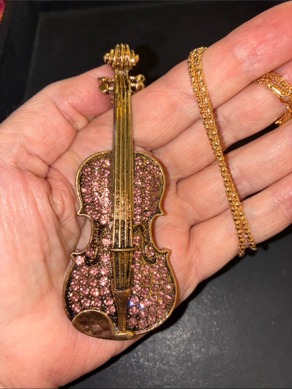 Gold-Tone Pink Crystal Violin Pendant/Brooch Necklace